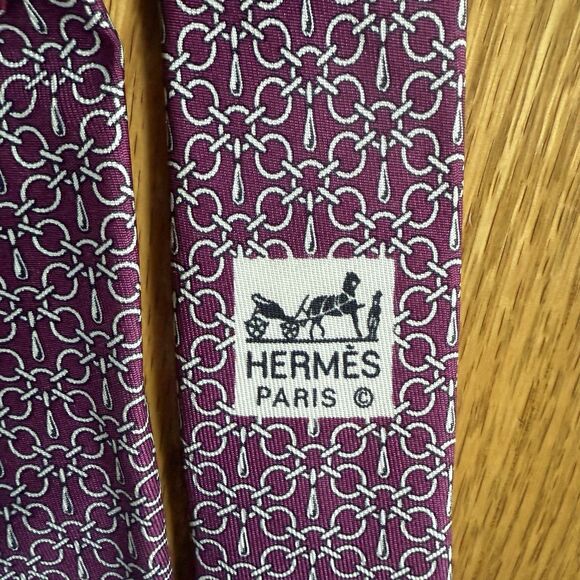 Hermes Mens Tie Paris Silk Burgundy Red & Beige Geometric Links 3”x 55.5” - Picture 1 of 9